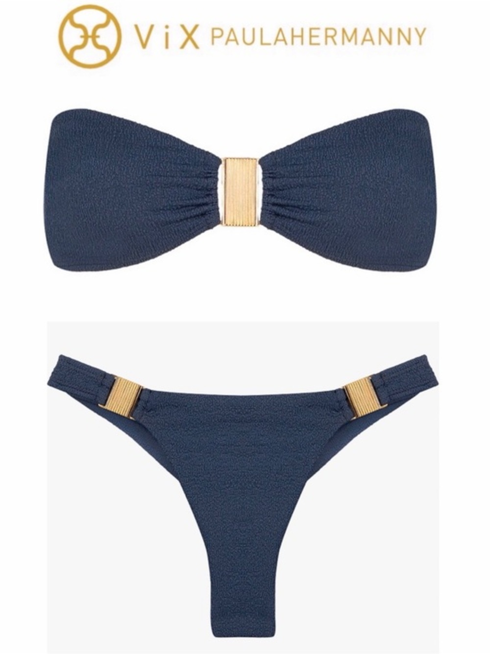 ViX Paula Hermanny Firenze Becky Navy Bandeau Bikini Set Gold Accents S NWT